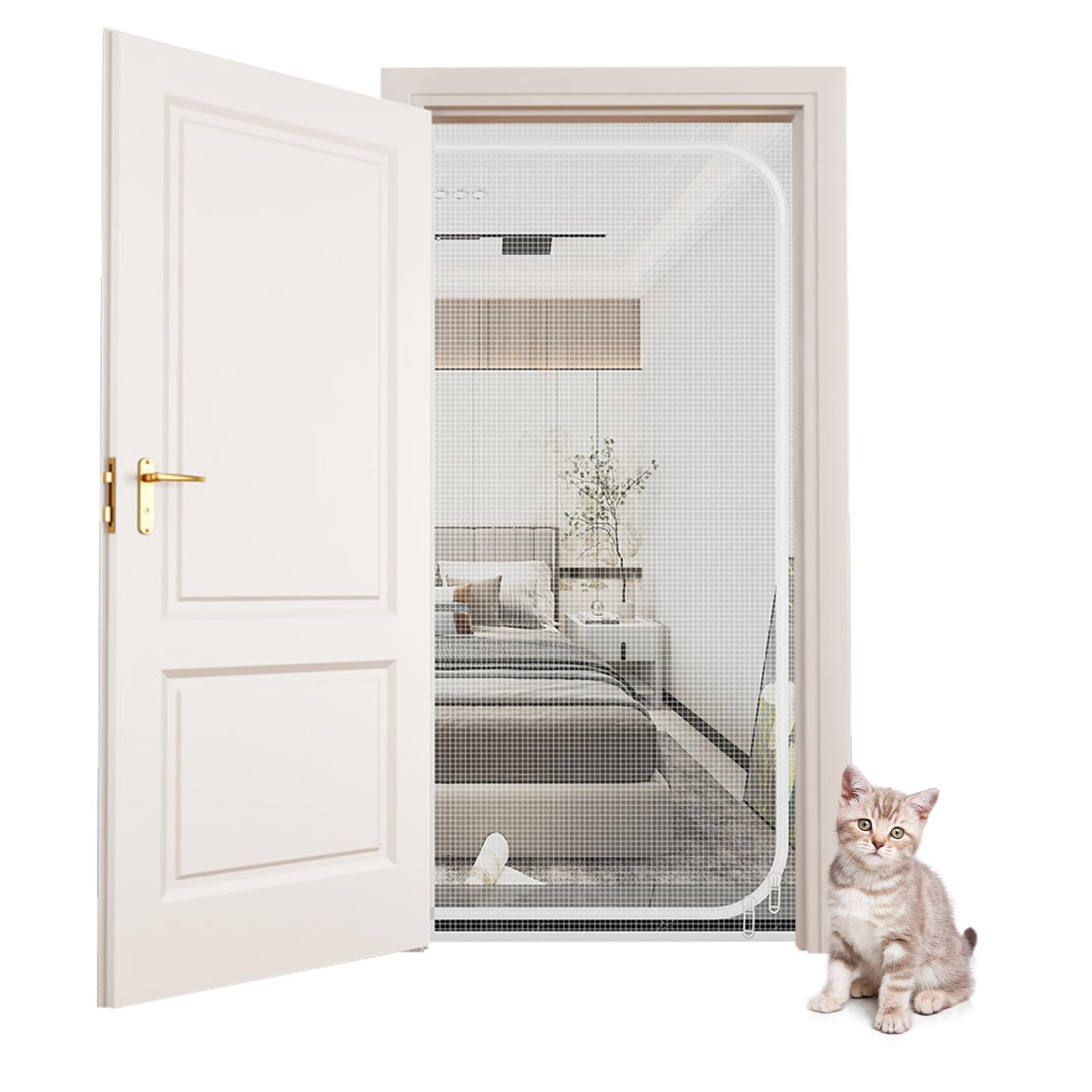 Cat Screen Door Partition Mesh Cat Door Screen with Zipper, Heavy Duty Pets Proof Screen Door Prevent Dogs Cats Running Out from Home 90 x 200cm