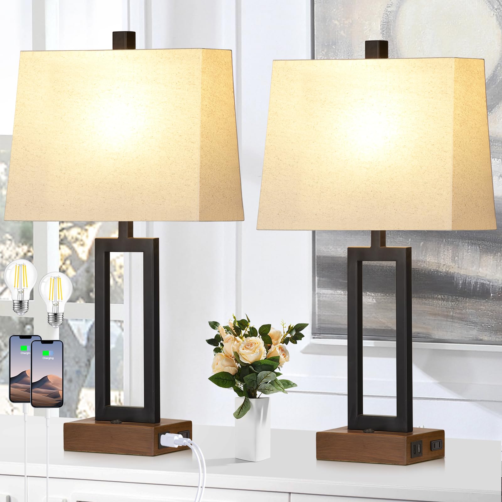 Photo 1 of Table Lamps Set of 2 with 2 USB Ports and AC Power Outlet, Modern Bedside Lamp, Wood Nightstand Lamp with Linen Shade for Living Room Bedroom End Table Hotel Desk(LED Bulb Included)