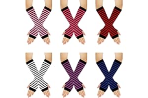 Fumwase 6 Pairs Women Long Fingerless Gloves Knit Winter Striped Arm Warmers Thumb Hole Stretchy Gloves