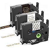 Replacement for Brother P Touch Label Tape Gold on Clear TZe TZ 12mm 0.47 Inch Label Maker Tape TZe-134 TZe-234 TZe-334 (Gold on Clear/White/Black) for Brother PT-D210 PT-H110 PT-D400 PT-D600, 3-Pack