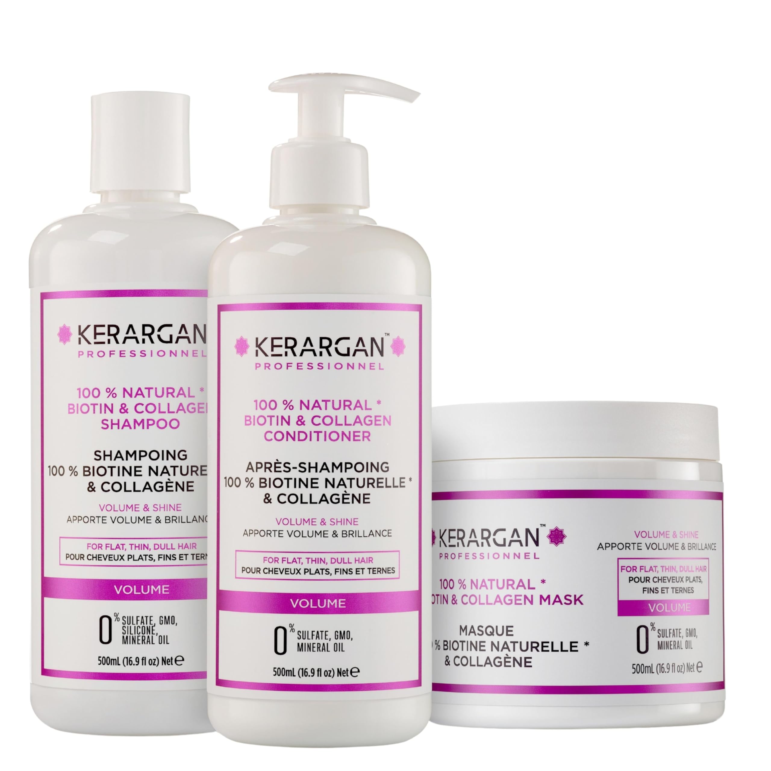 Kerargan - Biotin and Collagen Shampoo, Conditioner and Mask - For Damaged Hair - Sulfate, Paraben, Silicone Free - 3x500 ml