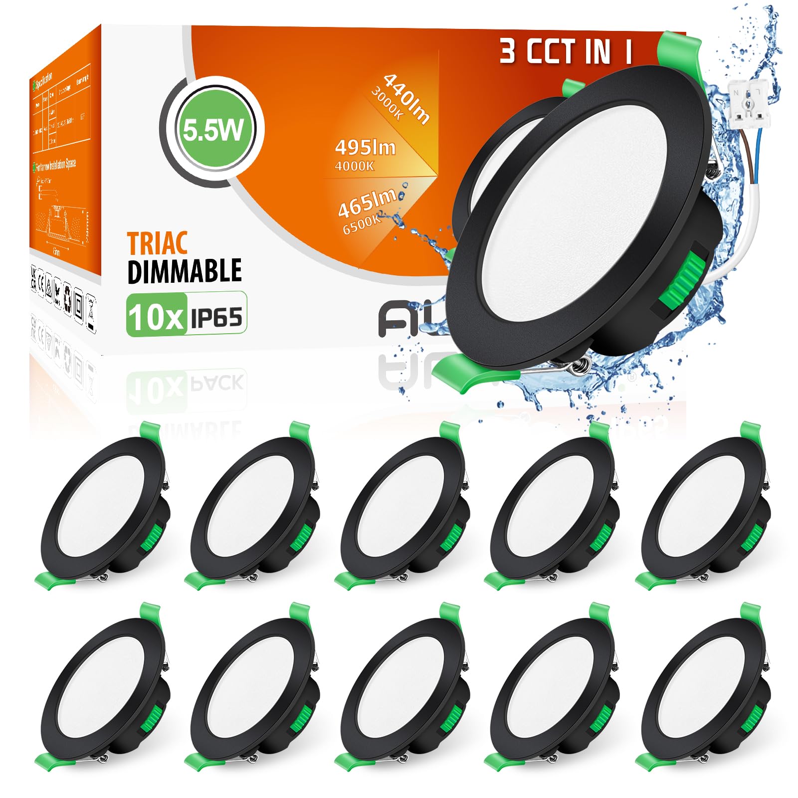 ALUSSO Black LED Downlights Dimmable 5.5W IP65 Slim Recessed Ceiling Lights, 3CCT 3000K Warm 4000K Neutral 6500K Cool Adjustable Bathroom Spotlights, 10 Pack