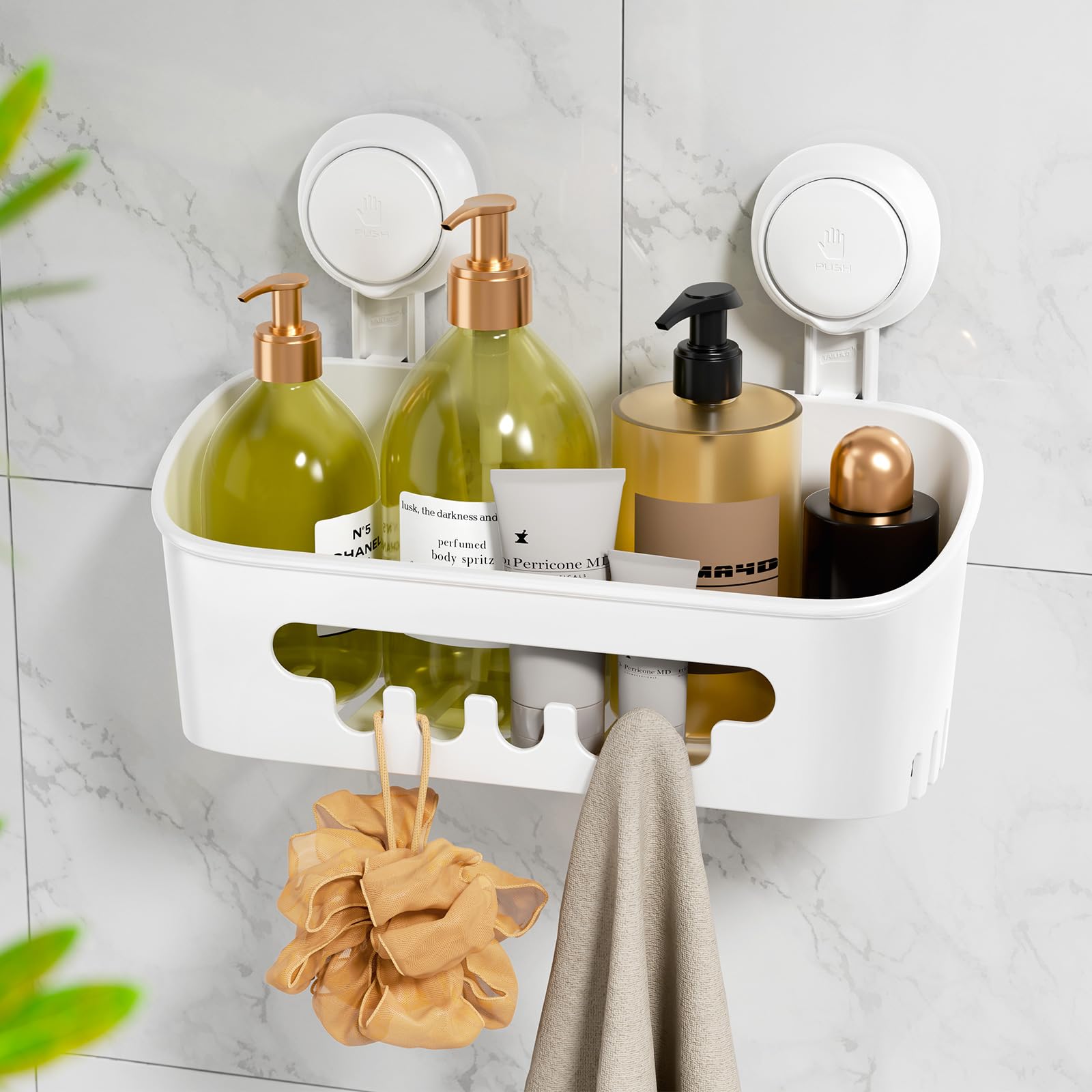 LEVERLOC Shower Caddy Suction Bathroom Storage Shelf Suction Shower Caddy Storage No Drilling Shampoo Holder Removable Powerful Max Hold 10KG Bathroom for Shampoo Toiletries Kitchen Accessories，White