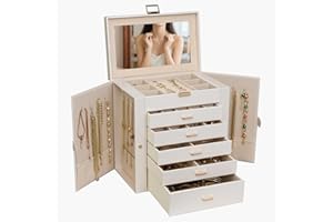 BOOVO Jewelry Box For women, 6 Layer Large Jewelry Organizer With Mirror, Multi-Function Storage Box With Lock, Necklace Holder With 5 Drawers, For Earrings Necklace Bracelet (Pearl White and Gold)