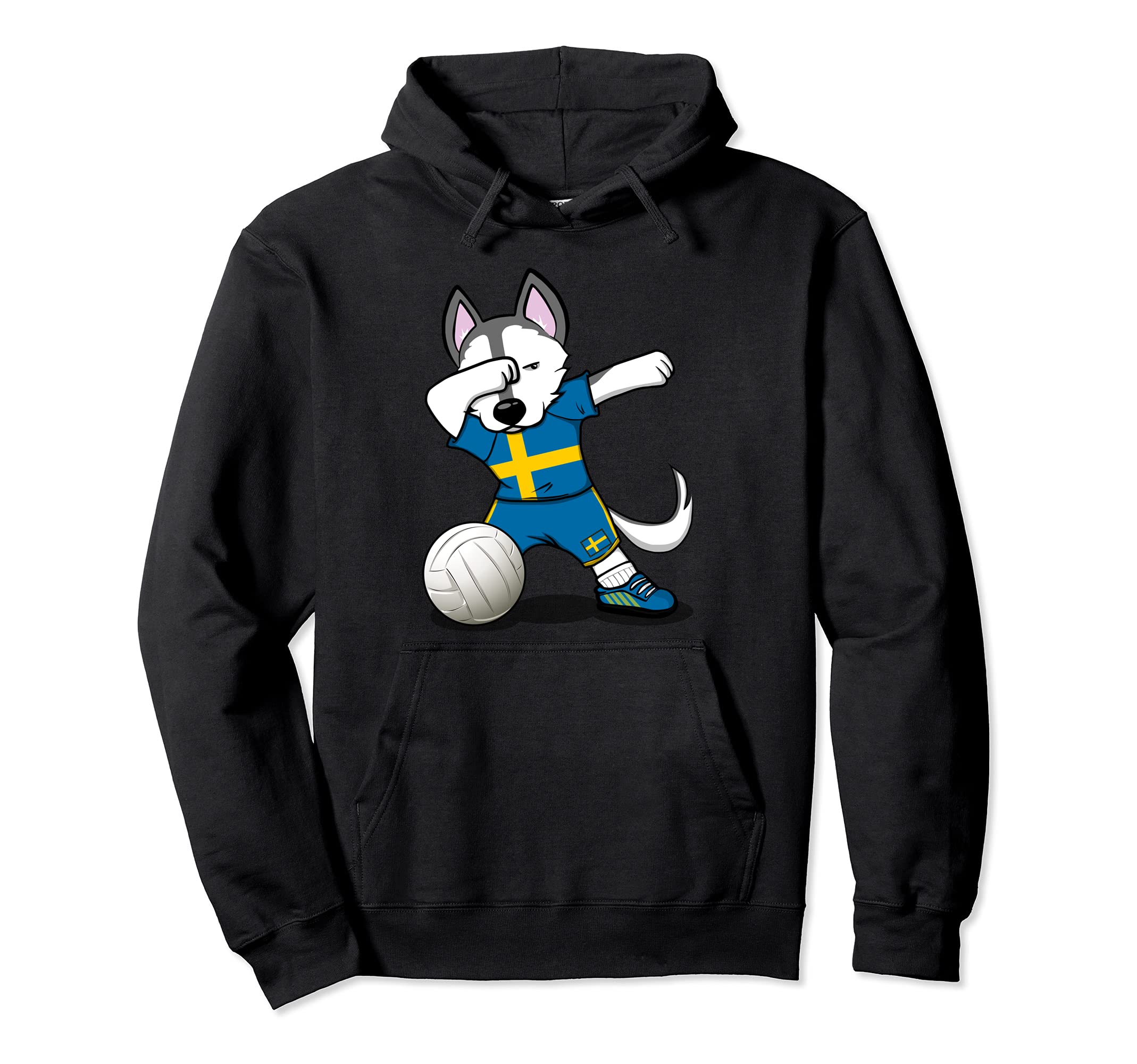 Dabbing Husky Dog Sweden Volleyball Fans Jersey Swedish Flag Pullover Hoodie
