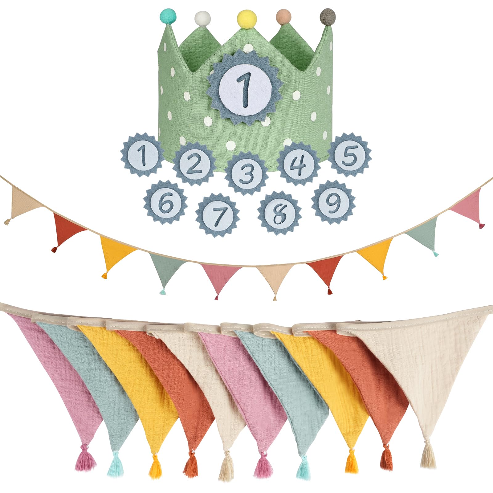 Alaoo Fabric Bunting Banner, 2.6M Triangle Garland Flags with Tassels,Birthday Crown for Kids,Interchangeable Number from 1 to 9 for Birthday,Wedding,Baby Shower(Multicolor