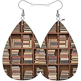 Vosach Library Leather Teardrop Hook Earrings Brown Shelf Old Library Books Elegant Earrings For Women Friends Dangle Earrings