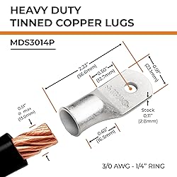 SELTERM 2pcs 3/0 AWG 1/4" Stud Tinned Copper Wire
