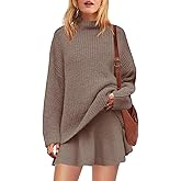 SENSERISE Womens Sweater Skirt Set 2 Piece Outfits Matching Lounge Sets Turtleneck Knit Tops Mini Dress