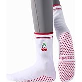 COZIVIBE Pilates Grip Socks for Women Yoga Crew Socks for Pilates, Barre & Workout Cute Embroidery Pattern Athletic Sock