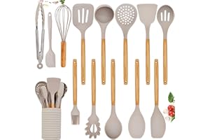 HOME HERO Silicone Kitchen Utensils Set - Silicone Cooking Utensils Set - Silicone Utensils for Cooking - Silicone Spatula Set - Wooden Kitchen Utensil Set - Kitchen Gadgets Utensil Sets (14 Pcs - Stone)