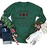 Farm Fresh Christmas Plaid Trees T-Shirt for Women Funny Letter Print Casual Long Sleeve Graphic Tee Tops