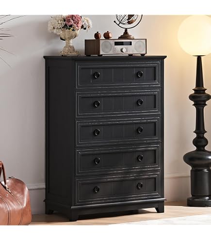 Amazon.com: Chogori Solid Wood Dresser for Bedroom  5 Drawer Tall Chest of  Drawers with Natural Wood Veneers, Vintage Style Storage Dresser,  Water-Based Finish, Sturdy Frame, Black Dresser for Traditional Decor :