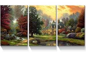Denozer - 3 Panels Canvas Wall Art Thomas Kinkade Garden Landscape Oil Painting for Home Decor Stretched and Framed Ready to Hang - 12"x16"x3 Panels Wall Decor