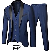 MY'S Mens 3 Piece Tuxedo Set with Bow Tie, Shawl Lapel One Button Jacket Vest & Pants, Slim Fit Suit Prom Party Wedding Tux