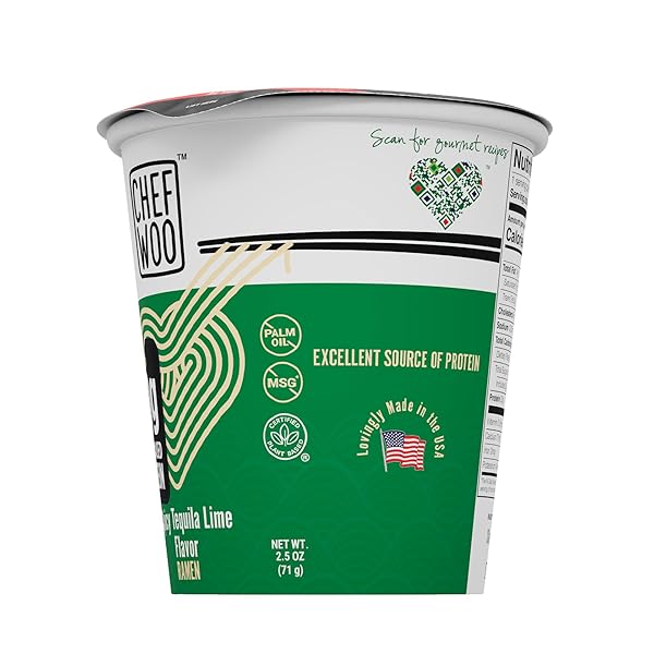 CHEF WOO SPICY TEQUILA LIME RAMEN CUP HIGH PROTEIN NOODLES  20G OF ANIMAL-FREE, BIOAVAILABLE PROTEIN | MADE IN U.S. |
