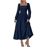 BTFBM Women Maxi Fall Dresses 2025 Long Sleeve Solid Color Square Neck Smocked Boho Long Wedding Guest Dress