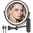 Rocollos Rechargeable Lighted Wall Mounted Makeup Mirror with 3 Color Lights,Dimmable Touch Screen,8 Inch LED Double Sided 1X/10X Magnifying 360°Flexible 13 Inch Retractable