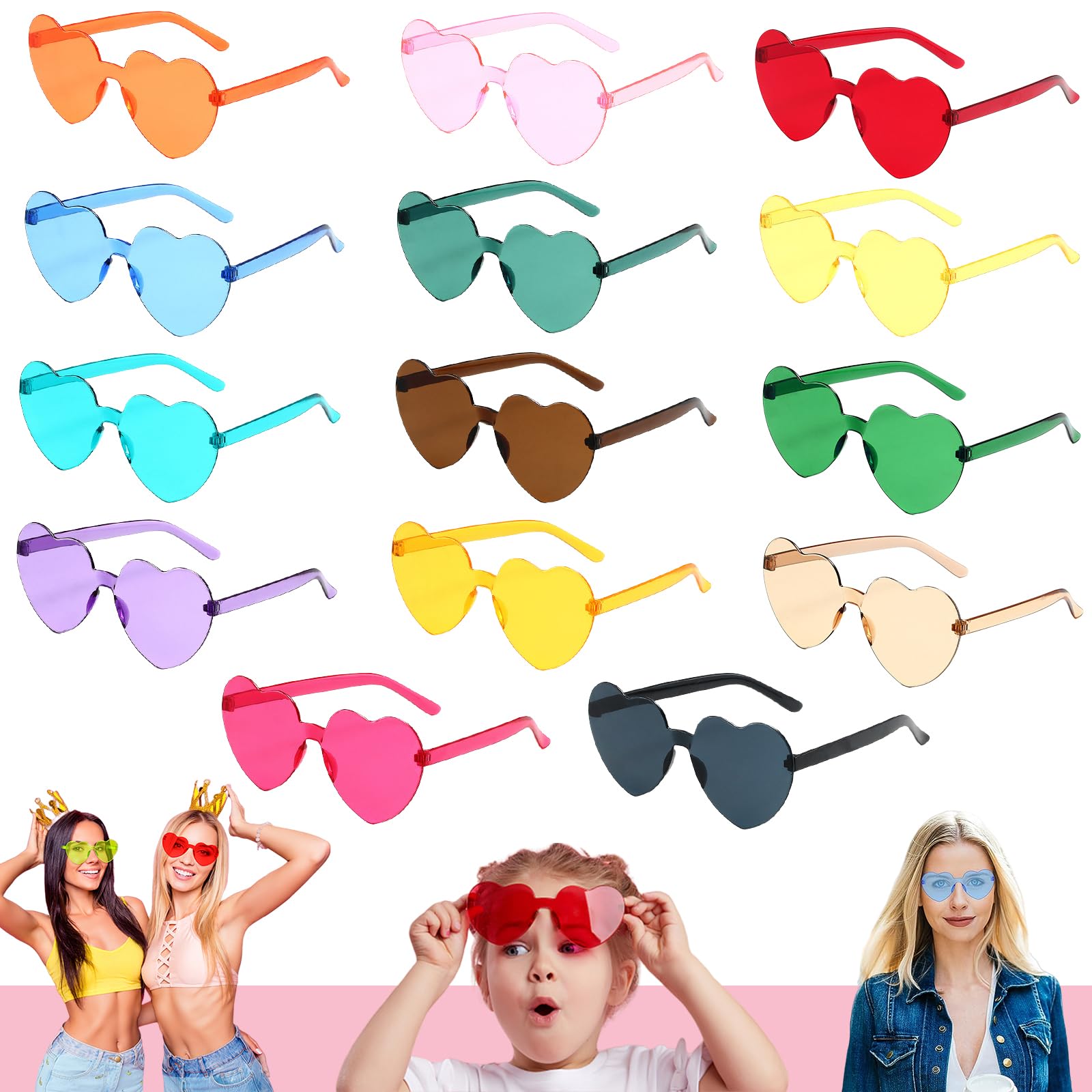 14Pcs Frameless Heart Shaped Sunglasses - Party & Festival Glasses, Funky Hippie Colored Rimless Sunglasses - Bulk for Kids & Adults, Bachelorette Party Fancy Dress Costume Photo Props Eyewear