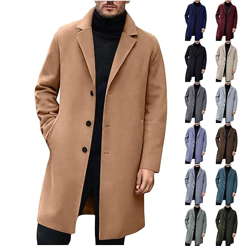 Wool Coats for Men,Long Trench Coat Mens Solid Turndown Collar Single-breasted Long Sleeve Classic Business Jacket Autumn Winter Casual Loose Overcoat Windbreaker Warm Pea Jackets with Pockets XS-XXL