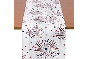 QUERA Fireworks Table Runner 4th of July Patriotic Memorial Day Independence Day Holiday Kitchen Dining Table Decoration,Holiday Burlap Table Cover, 13 x 70 Inch, Americana Stars, Red, White, Blue.