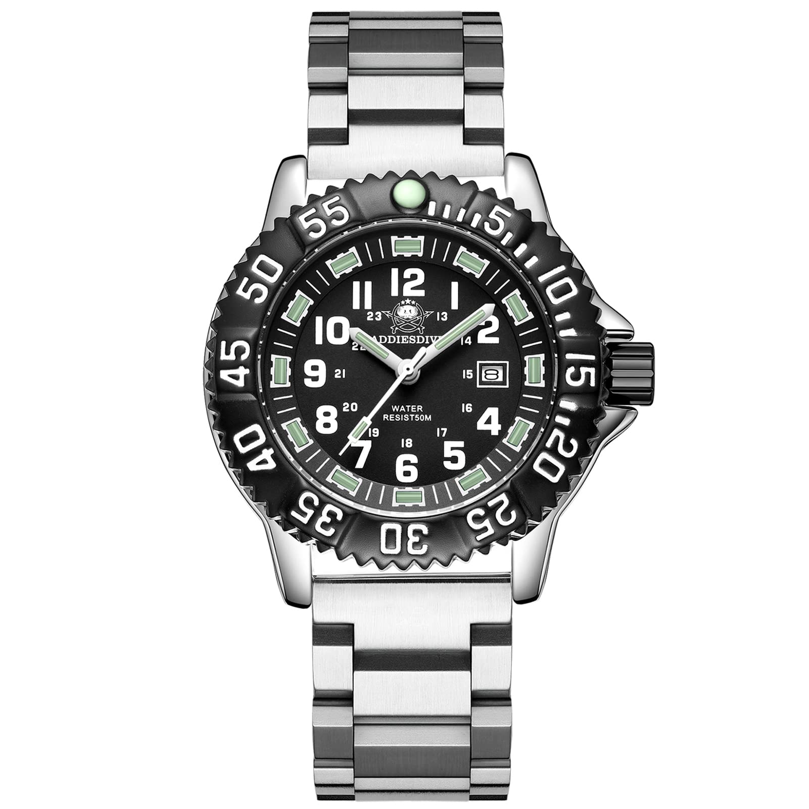 ADDIESDIVE for Men Analogue Quartz Watch Luminous Tube with Stainless Steel Strap