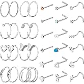 FINREZIO 34PCS 22g Nose Rings - Women & Men Surgical Steel Nose Piercings - Hoops, L-Shaped, Stud, Screw - Hypoallergenic Body Jewelry