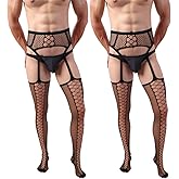 YKNTGIAO 2pcs Men's Fishnet Thigh High Stockings - Lace Tights with Suspender, Pantyhose for Man
