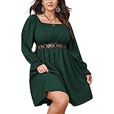 SHESTARR Plus Size Mini Dress for Curvy Women Long Sleeve Square Neck Elastic Waist A Line Textured Casual Short Fall Dresses