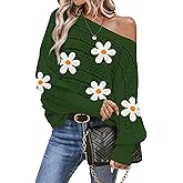 Cakulo Womens Off Shoulder Sweater Top Fall Outfits Fashion 2025 Oversized Knit Batwing Long Sleeve Crochet Flower Sweaters