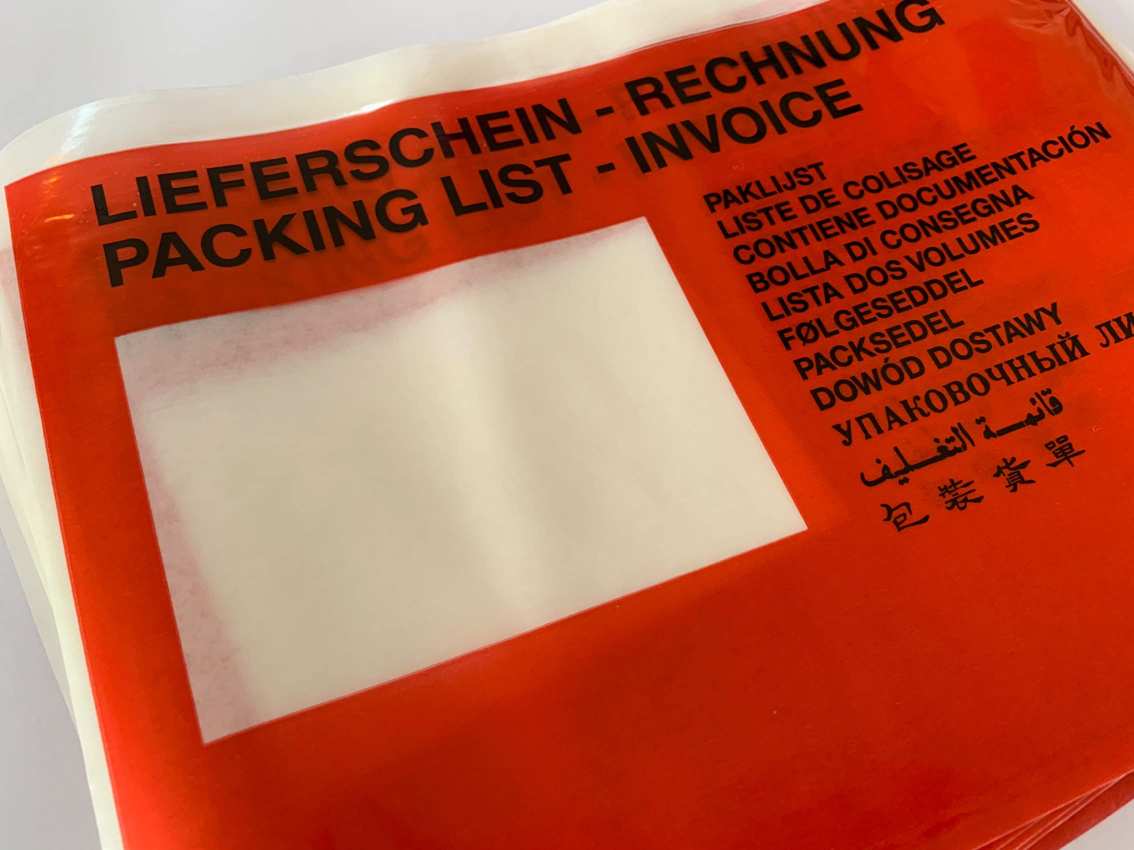 Accompanying paper bags, C5 = 240 x 180 mm, delivery note pockets, goods, paper bags, red with imprint "Delivery note invoice", multilingual language, self-adhesive (250).