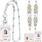 Seqiuay Lanyards for ID Badges and Keys, Retractable Beaded Badge Lanyards with ID Holder for Women, Graceful Pearls and Crystals (Electroplated Champagne)