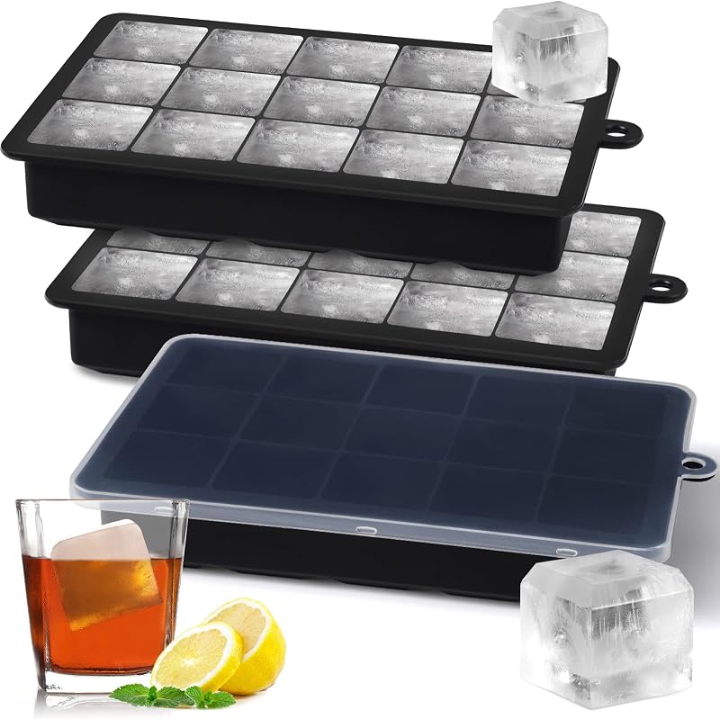 Sinnsally Silicone Ice Cube Trays 15-Row 3 Pack with Lids Large 1.4in