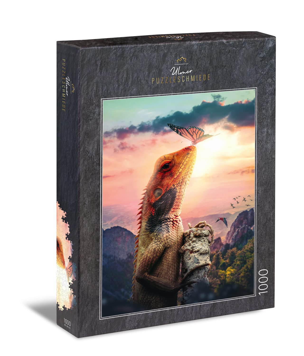 Ulmer Puzzleschmiede - "To The Light" Puzzle - Artistic 1000 Piece Puzzle with Iguana & Butterfly - The Animals Touch Up in the Light of Warm Evening Sun - Fine Adult Puzzle