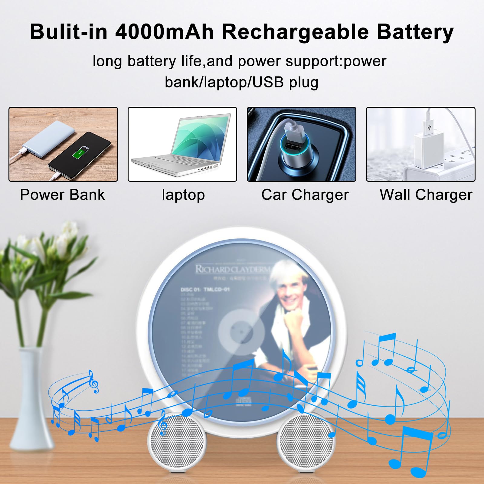 WOKALON Desktop Vertical CD Player Portable with Bluetooth for Home with LCD Screen Display Built in HiFi Speakers Support Timed Music ON/Off FM USB SD