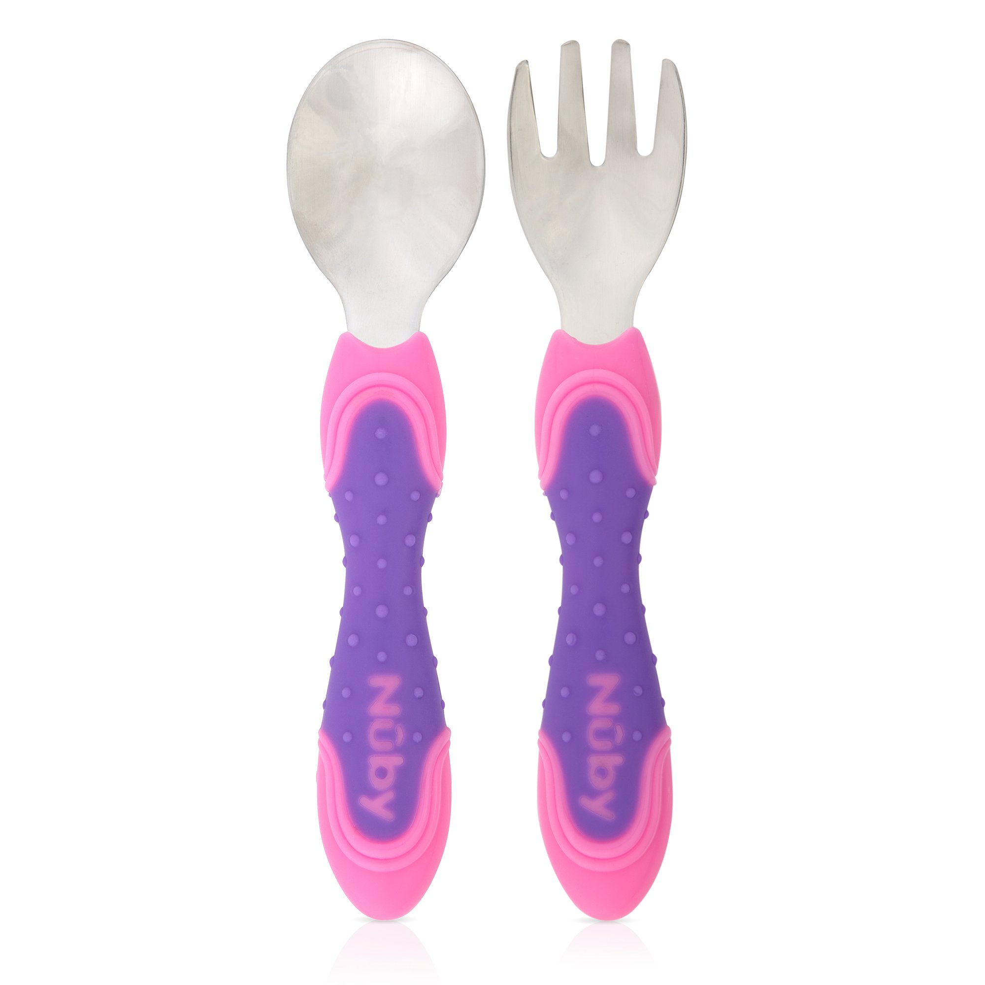 Nuby Stainless Steel Utensil, Pink/Purple, 2 Piece