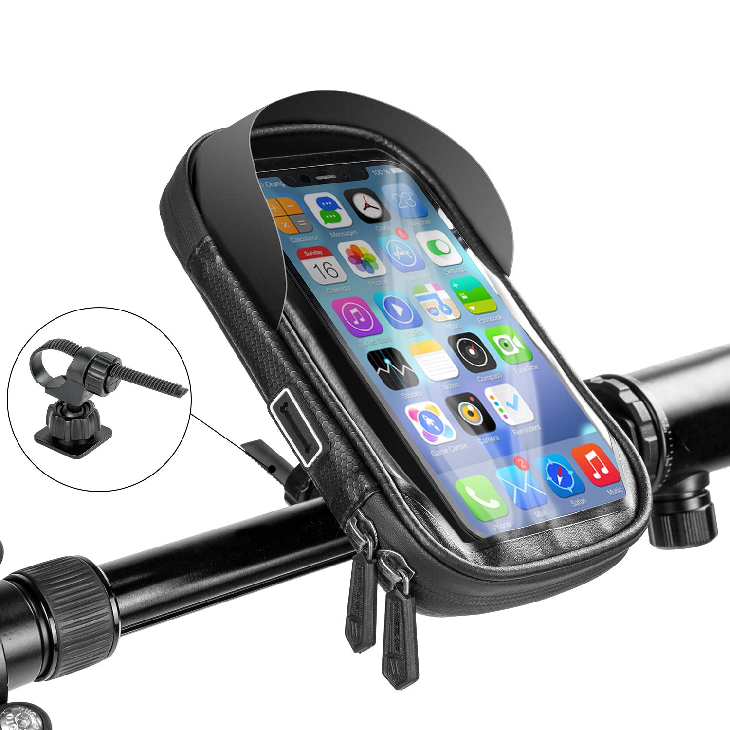 WATACHE Bike Front Frame Phone Bag, Waterproof Touch Screen Bicycle Holder Cycling Handlebar Mount Storage Bag Bike Accessories Phone Case with Sun Visor for Phones Below 6.5", Black