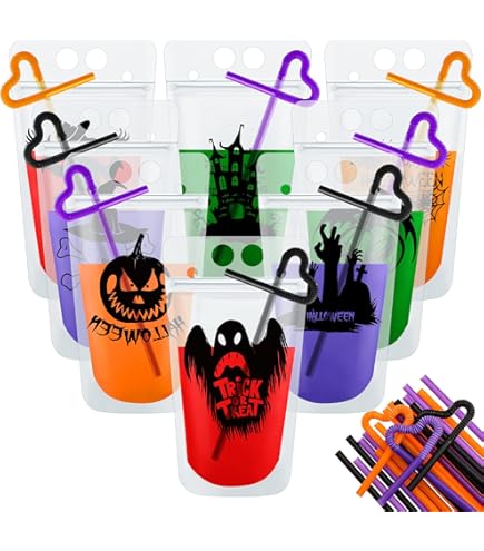 Xo, Fetti Glow In Dark Halloween Drink Pouches - 15 Pack With Straws, Ghost Pumpkin Designs