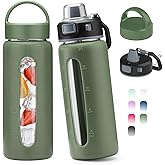 Kodrine 20oz Glass Water Bottle with Straw-2 Lids for Easy Carry with Handle, Silicone Sleeve & Time Marker, Reusable Glass Drinking Bottle for Home,Office,Outdoors, Cupholder Friendly-Olive