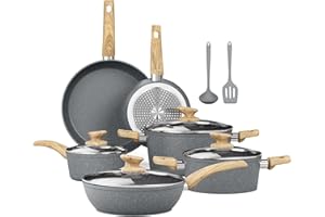 Kitchen Academy Induction Cookware Sets - 12 Piece Gray Cooking Pan Set, Granite Nonstick Pots and Pans Set