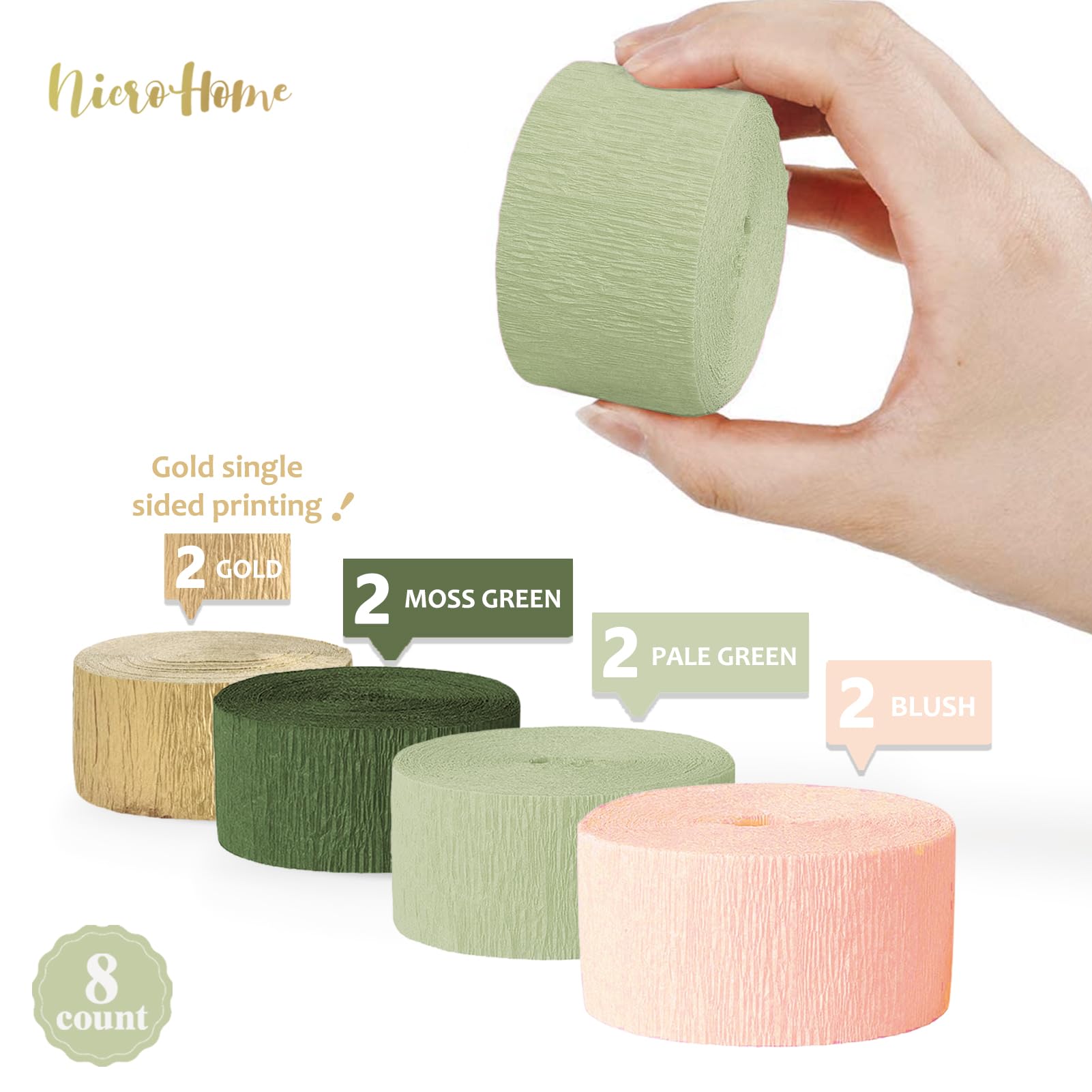 Wedding Party Decorations, 8 Rolls Moss Sage Green Pink Crepe Paper Streamers for Boho Baby Shower, Wedding, Engagement Party, Spring Party, Birthday Party Supplies, 82 ft Long
