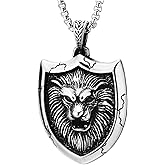COOLSTEELANDBEYOND Vintage Steel Lion Head Shield Medallion Pendant Mens Necklace, 30 inches Wheat Chain