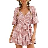 Relipop Women’s Summer Romper Floral V Neck Short Sleeve Waist Tie Ruffle Hem Vacation Outfits 2026 Casual One Piece Jumpsuit