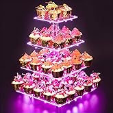 Cupcake Stand – Premium Cupcake Holder – Cady Bar Party Décor – 4 Tier Acrylic Tower Display for Pastry + LED Light String – Ideal for Weddings, Birthday (Pink Light)