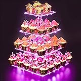 Cupcake Stand – Premium Cupcake Holder – Cady Bar Party Décor – 4 Tier Acrylic Tower Display for Pastry + LED Light String – Ideal for Weddings, Birthday (Pink Light)