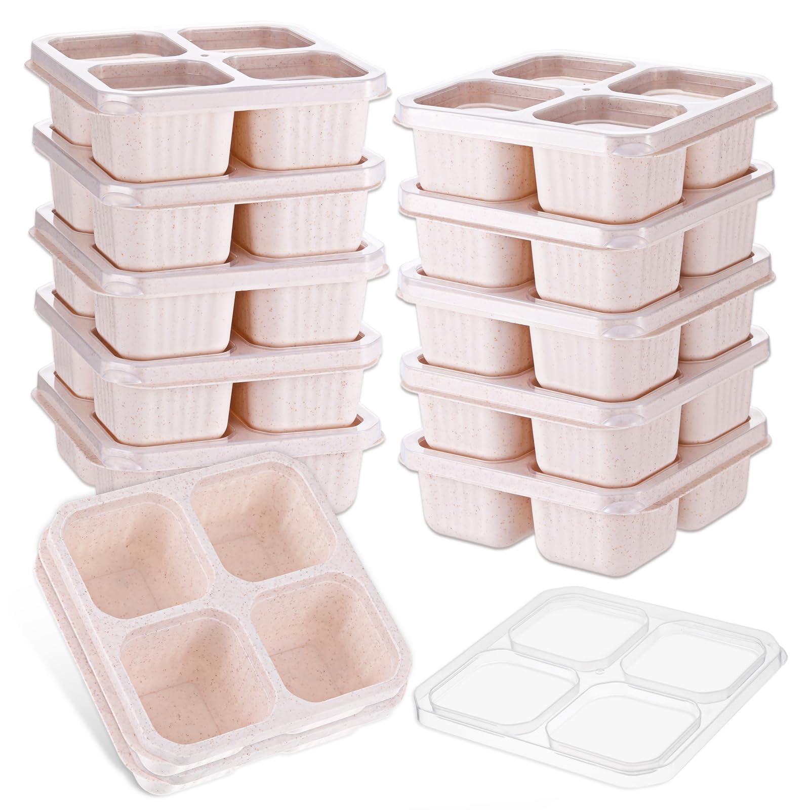 Photo 1 of 12 Pack Wheat Straw Lunchable Box Snack Containers with Lid 4 Compartments Divided Bento Snack Box, Reusable Beige Divided Bento Meal Prep Food Storage Containers for Adults Camping Travel Work