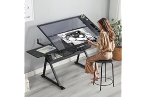 Gagawin Drafting Table for Artists, Height Adjustable Glass Drawing Table with Stool, Ergonomic Art Table with 0-75° Tilting Tabletop and More Storage for Home Office, Type 1-Black