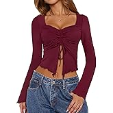 AIMCOO Women's Long Bell Sleeve Tops Tie Front Crop Top 2025 Sexy Y2K Sweetheart Neck Going Out T Shirts Tees