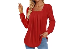 Funlingo 2024 Women's Long Sleeve Tops Dressy Pleated Square Neck Tunic Blouses Casual Loose Shirts