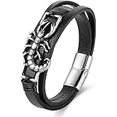 BIYONGDE Mens Stainless Steel Vintage Scorpion Charm Three-strand Black Leather Bangle Bracelet, Biker Punk Rock